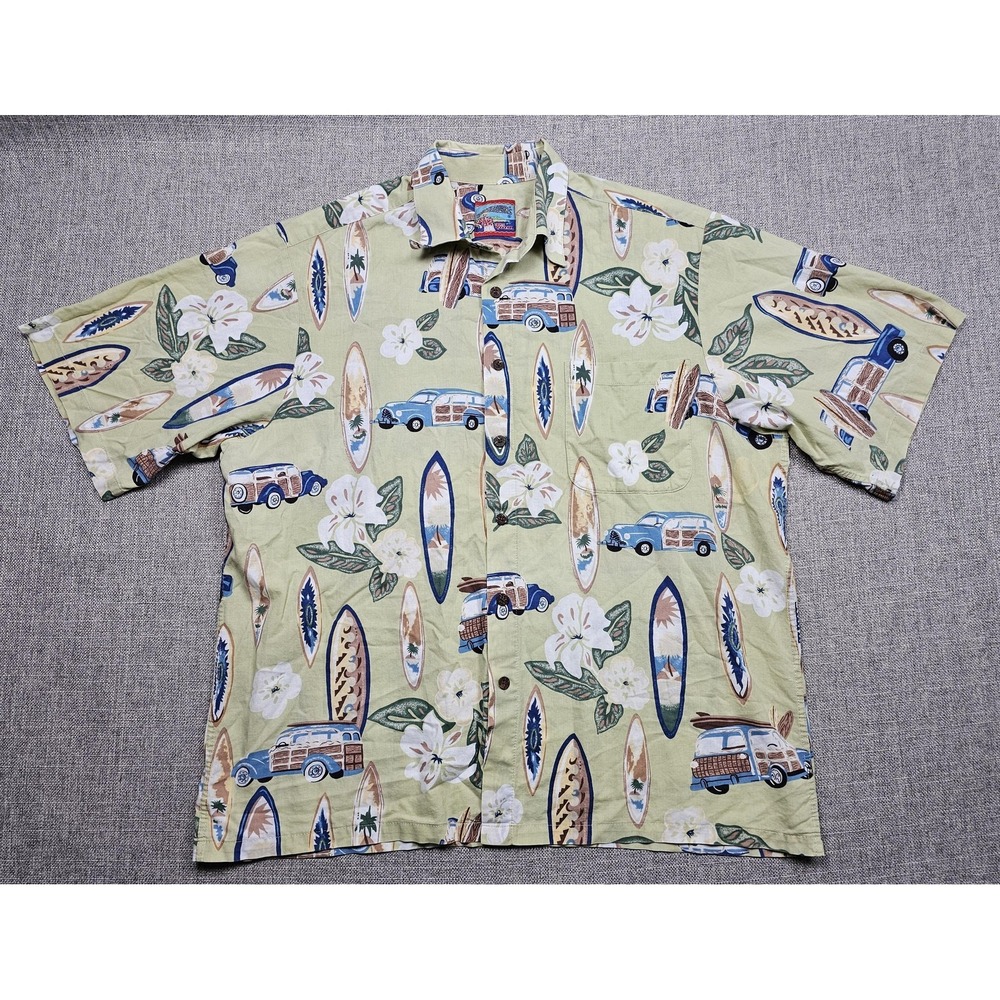 Reyn Spooner Shirt Mens Large Green Woody Car Hawaiian Aloha Surf Camp Print